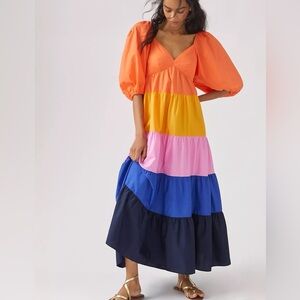 Farm Rio x Anthropologie Tiered Colorblocked Maxi Dress Size Large READ